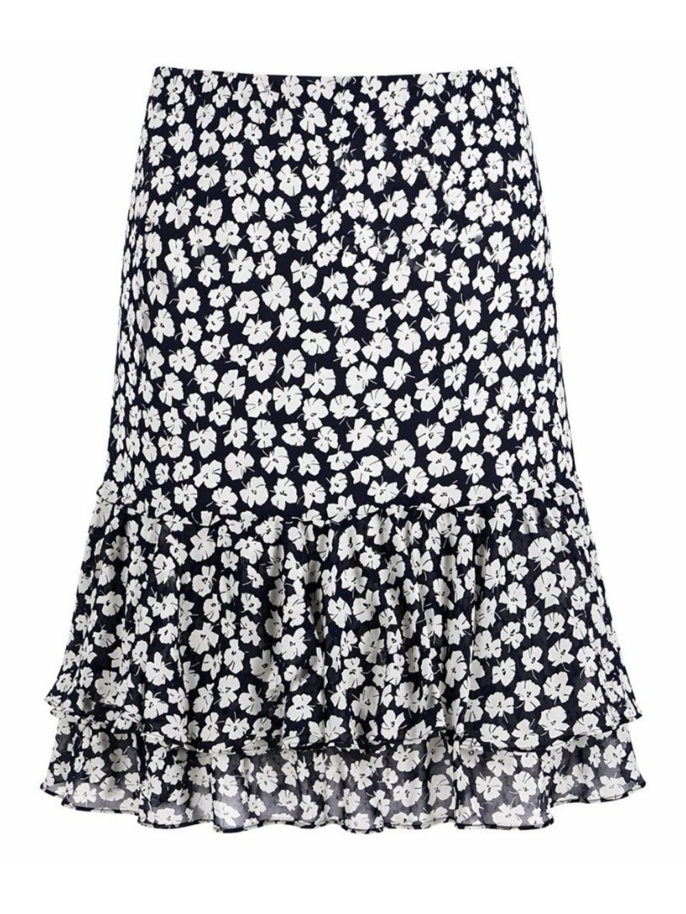 Chaps Navy and White Floral Midi Skirt with Ruffle Hem Size Large NWT